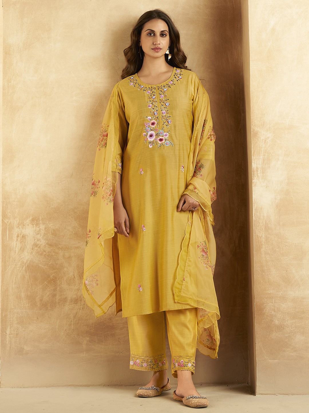 

Indo Era Women Yellow Embroidered Regular Thread Work Kurta with Trousers & With Dupatta