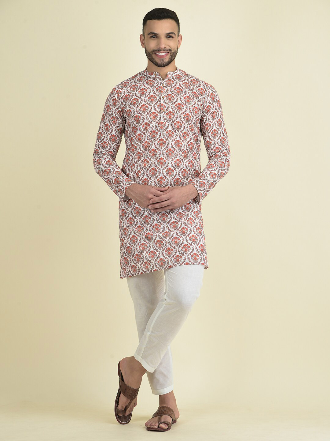 

DEYANN Mandarin Collar Long Sleeves Ethnic Printed Regular Kurta with Pyjamas, Peach