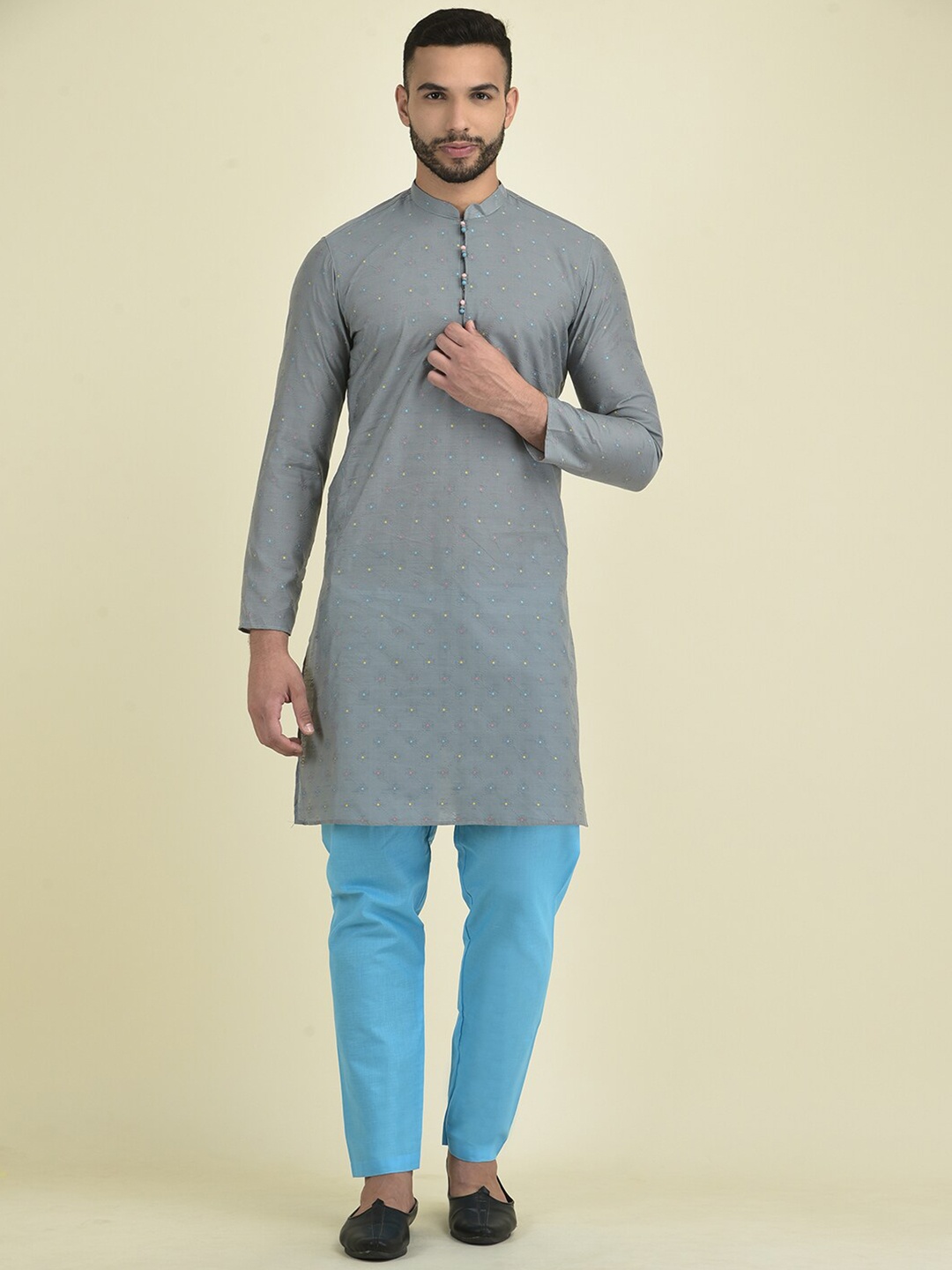 

DEYANN Polka Dots Printed Kurta with Pyjamas, Grey