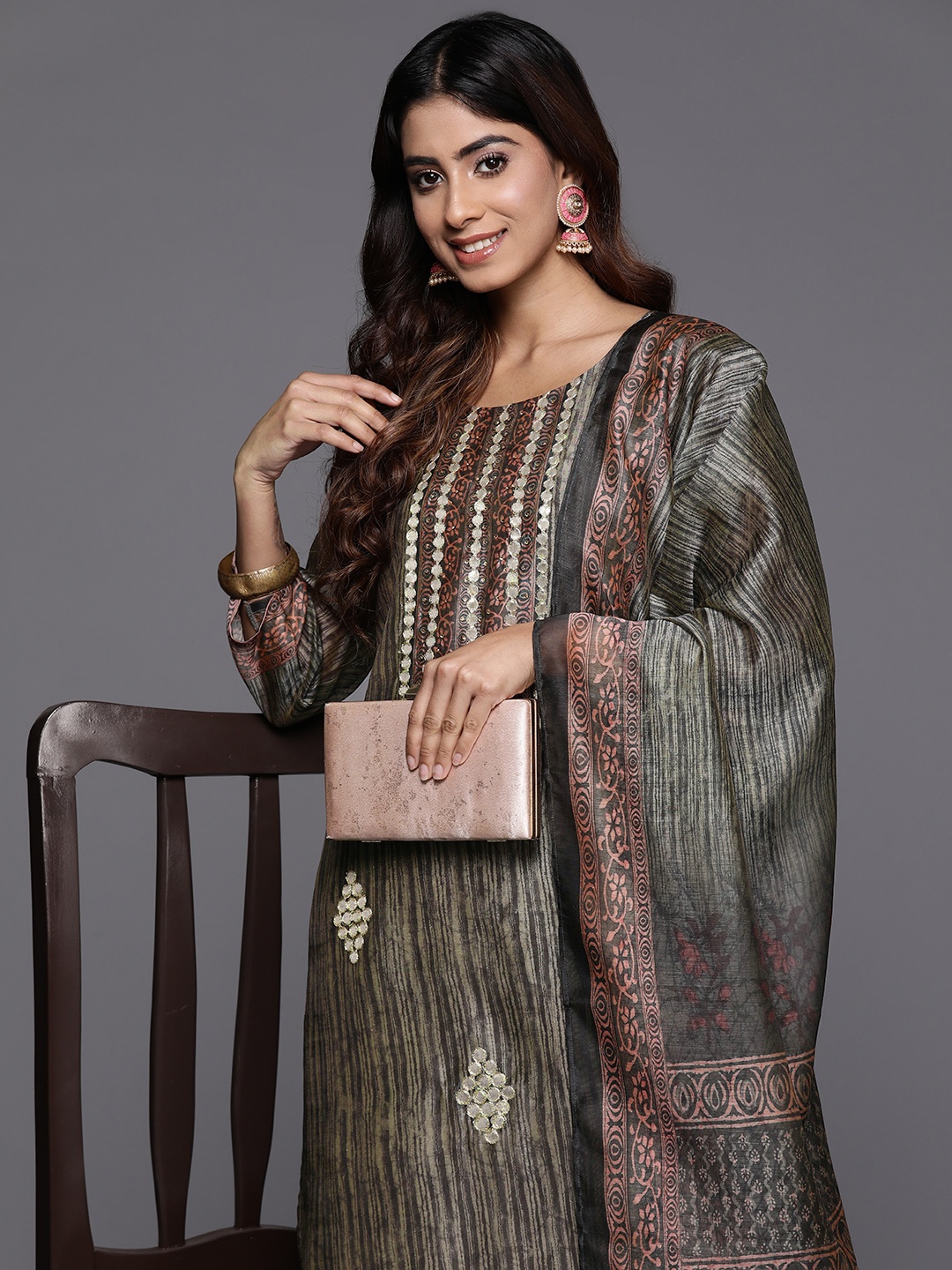 

Varanga Women Abstract Printed Gotta Patti Kurta with Trousers & With Dupatta, Olive