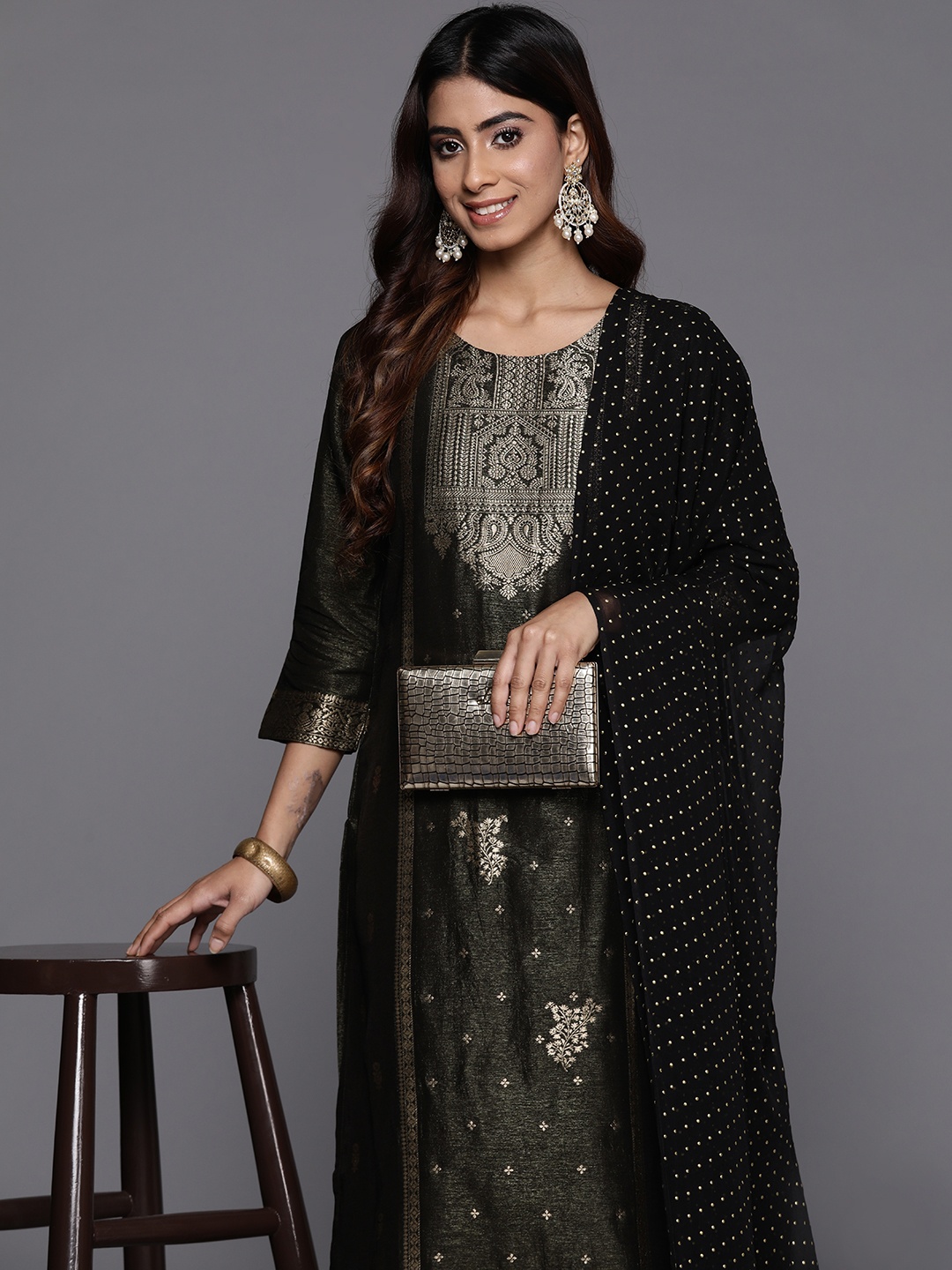 

Varanga Women Woven Design Regular Kurta with Trousers & With Dupatta, Black