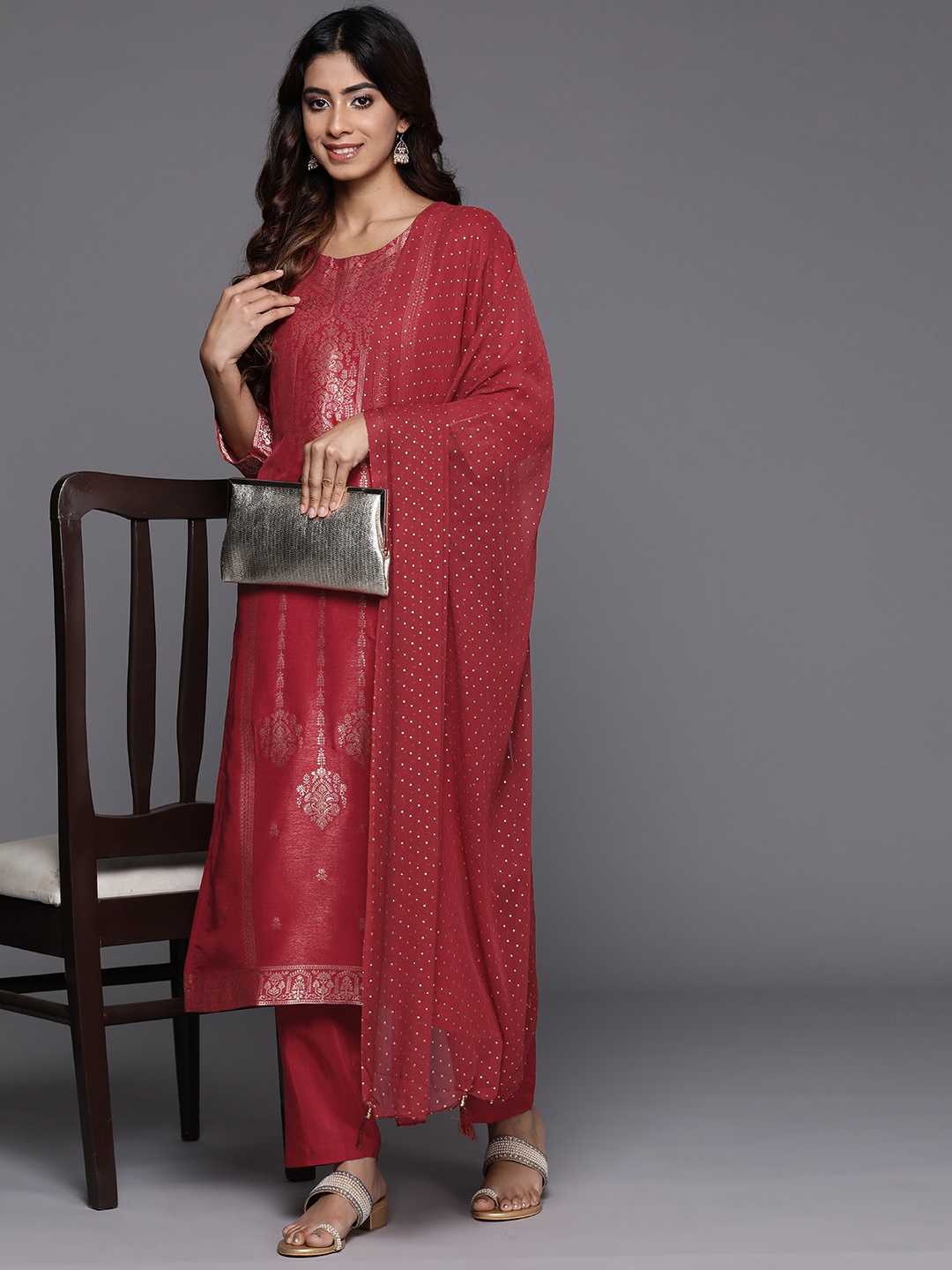 

Varanga Ethnic Motifs Jacquard Kurta with Trousers & Dupatta, Rust