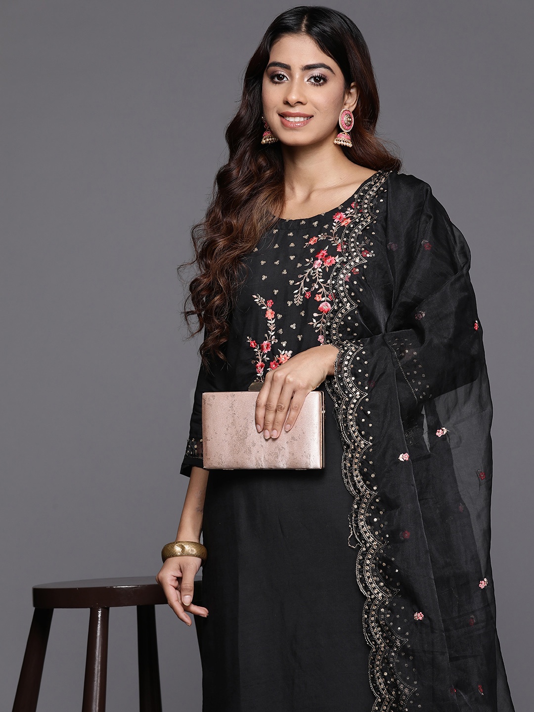 

Varanga Floral Embroidered Thread Work Kurta with Trousers & Dupatta, Black