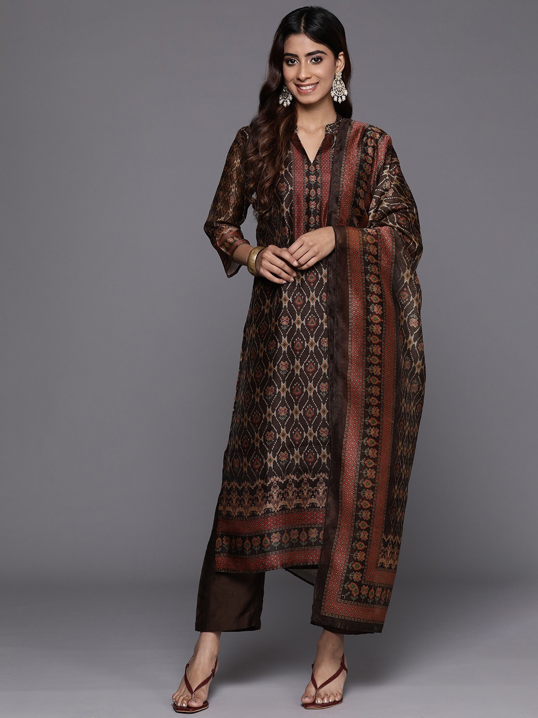 

Varanga Ethnic Motifs Printed Chanderi Silk Kurta with Trousers & Dupatta, Brown