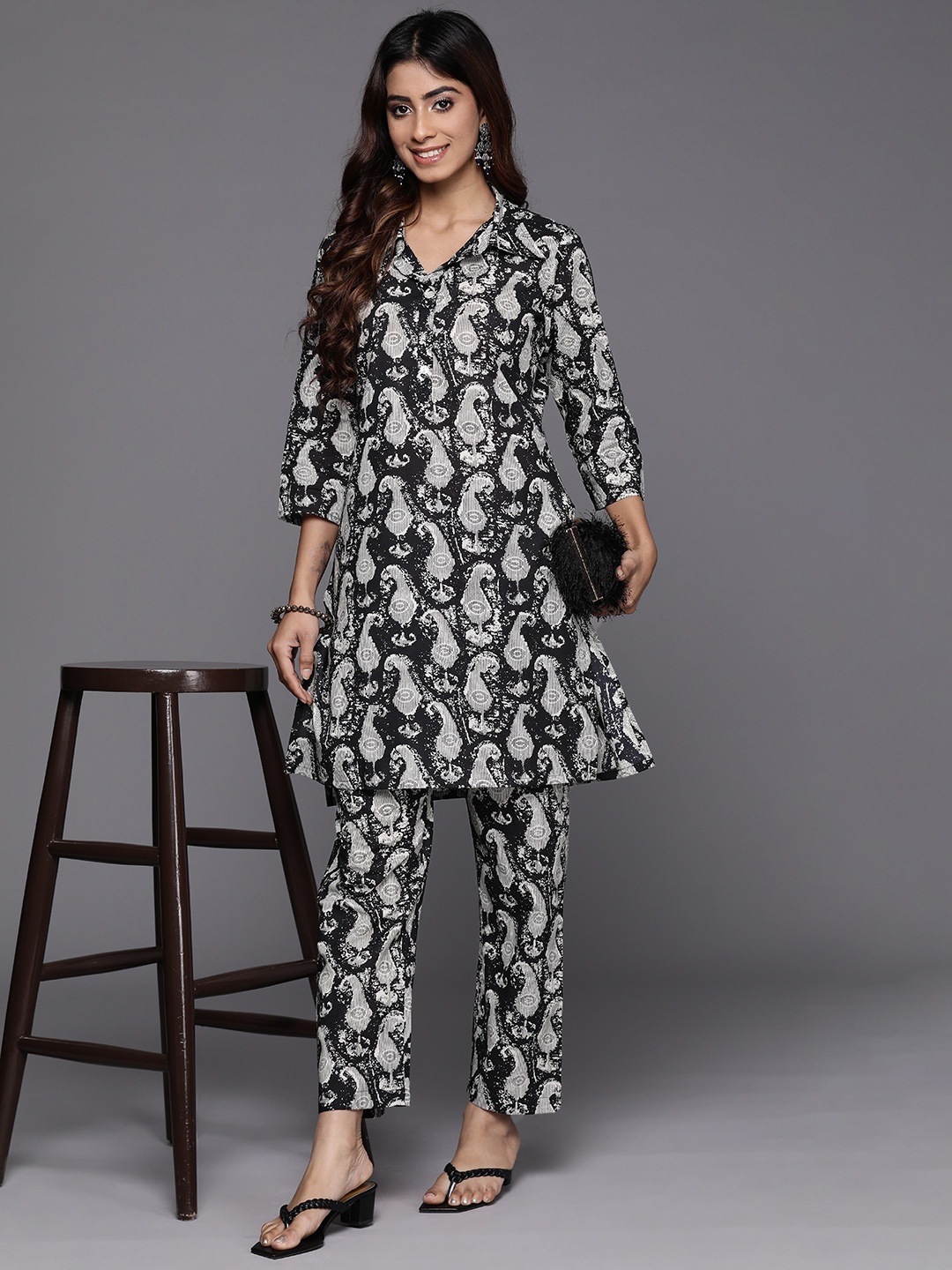 

Varanga Paisley Printed Pure Cotton Tunic with Trousers, Black