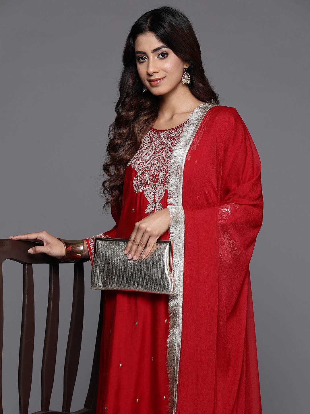 

Varanga Paisley Embroidered Zari Kurta with Trousers & Dupatta, Red