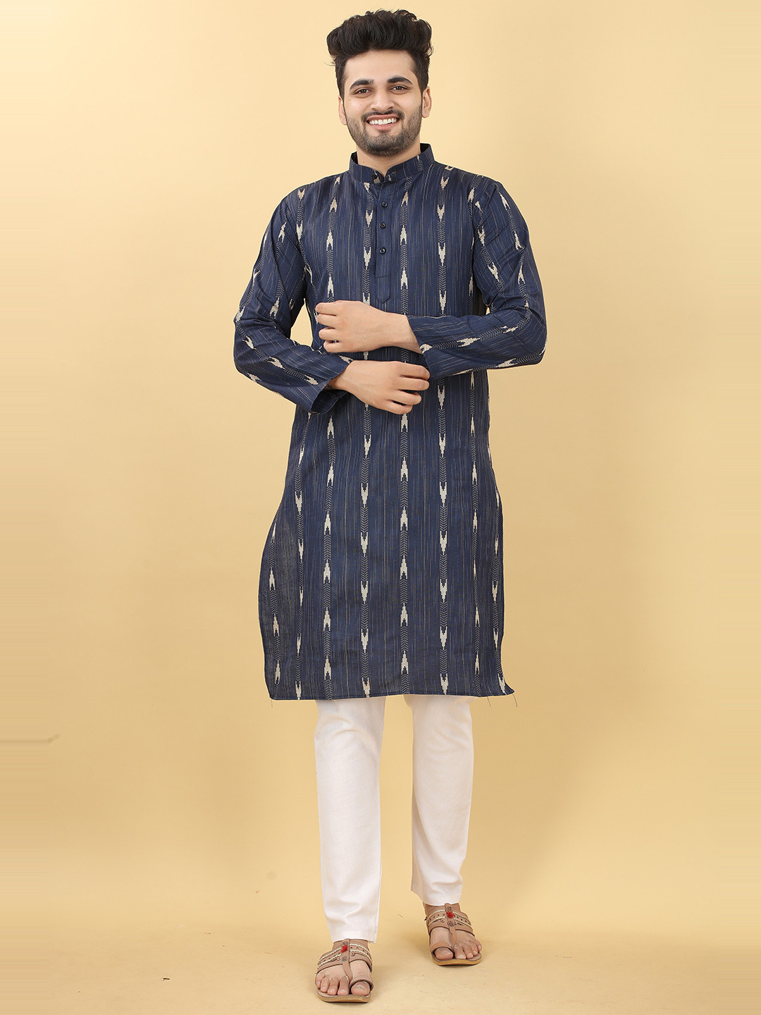 

HERE&NOW Striped Mandarin Collar Zari Cotton Kurta, Blue