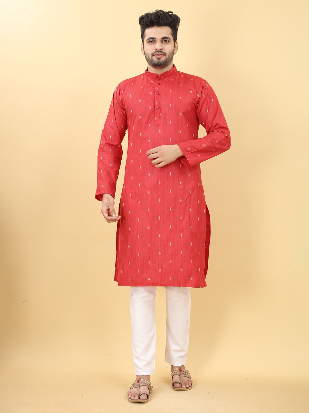 

HERE&NOW Striped Mandarin Collar Zari Cotton Kurta, Red