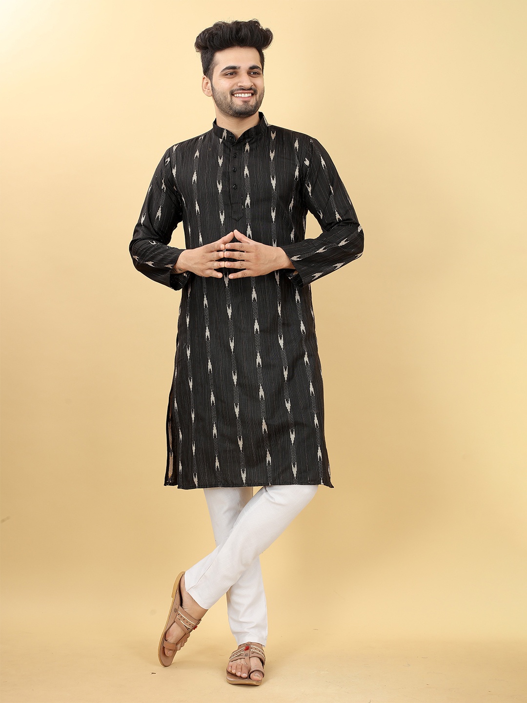 

HERE&NOW Black Striped Printed Mandarin Collar Flared Cotton Silk Kurta