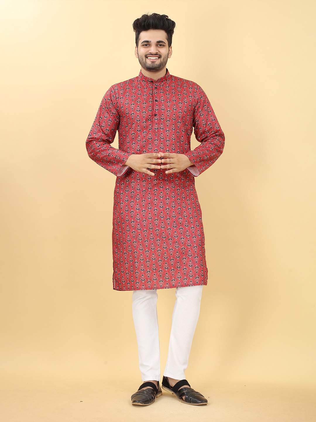 

HERE&NOW Red Ethnic Motifs Printed Band Collar Pure Cotton Straight Kurta