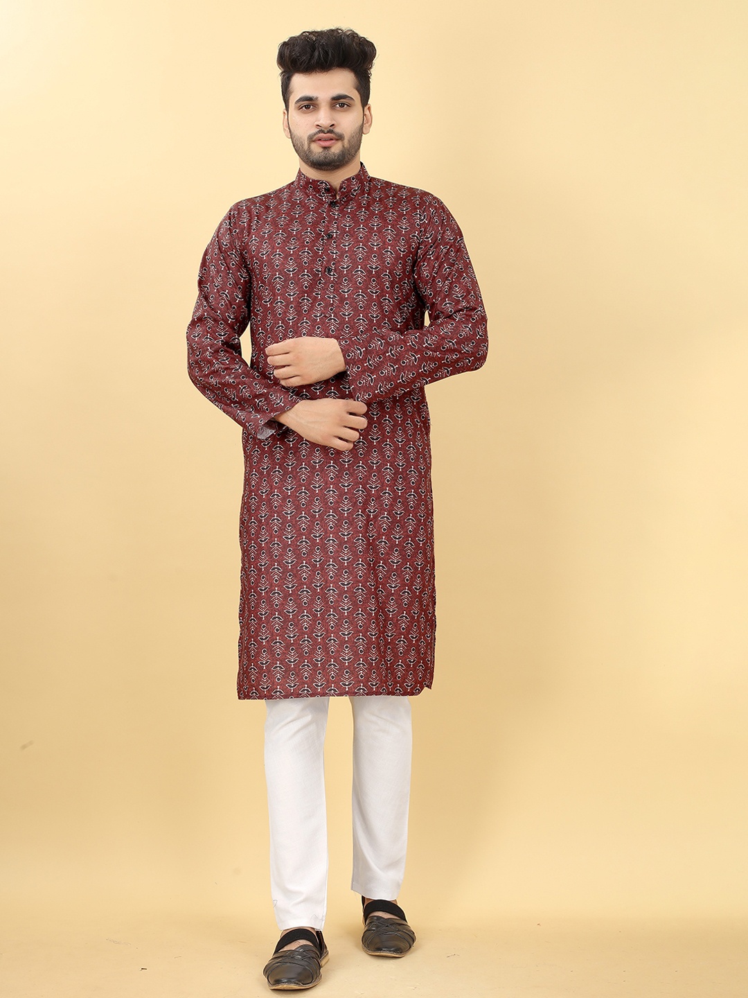 

HERE&NOW Maroon Ethnic Motifs Printed Band Collar Pure Cotton Straight Kurta