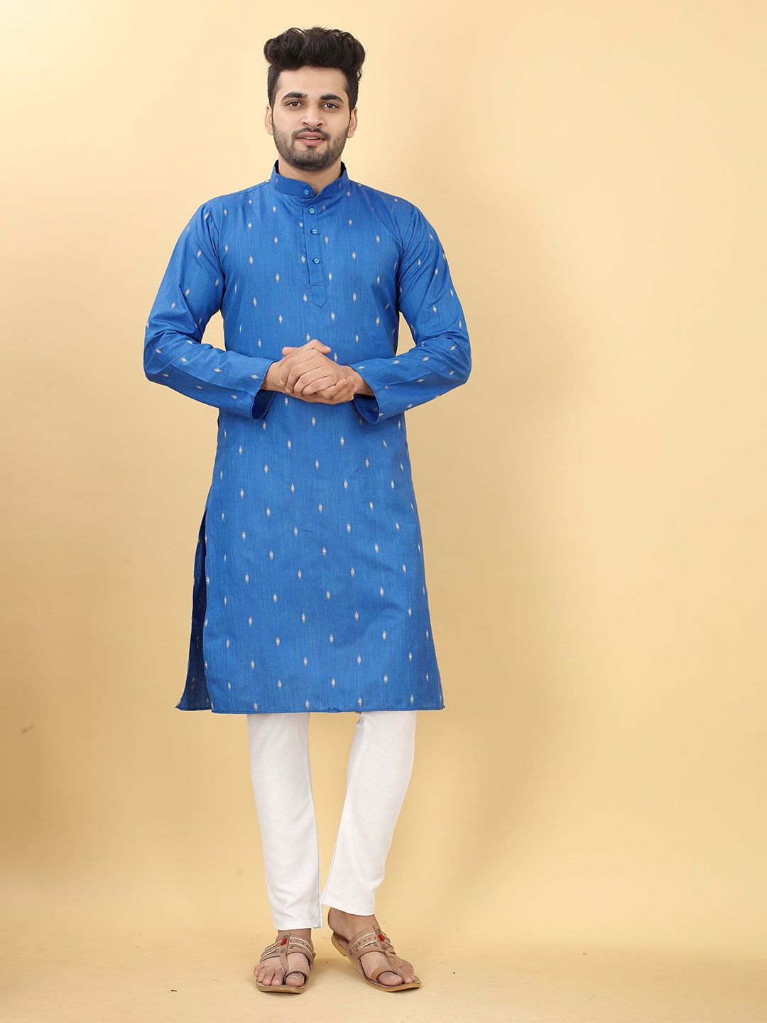 

HERE&NOW Striped Mandarin Collar Zari Cotton Kurta, Blue