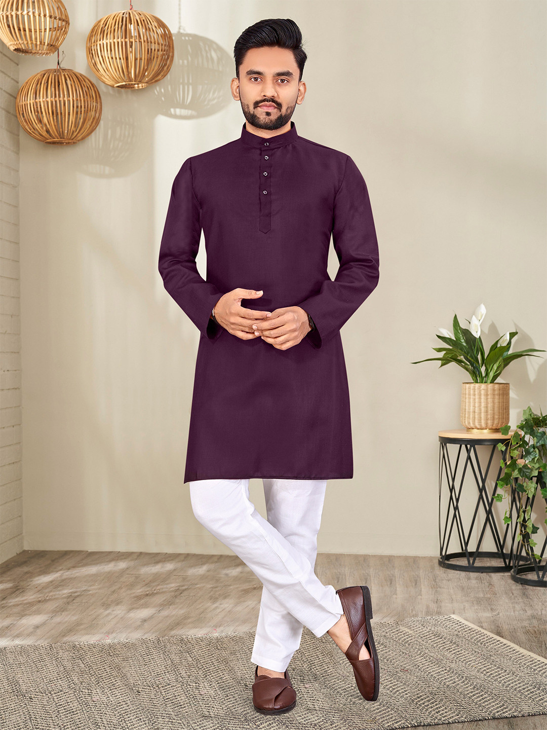 

HERE&NOW Purple Mandarin Collar Cotton Straight Kurta