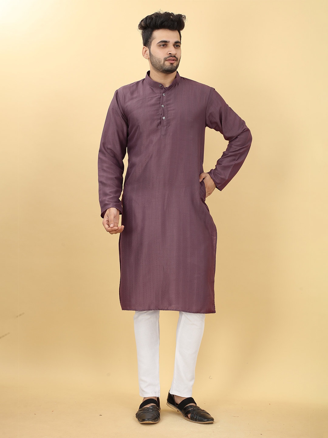 

HERE&NOW Mandarin Collar Long Sleeves Purple Striped Flared Sleeves Kurta