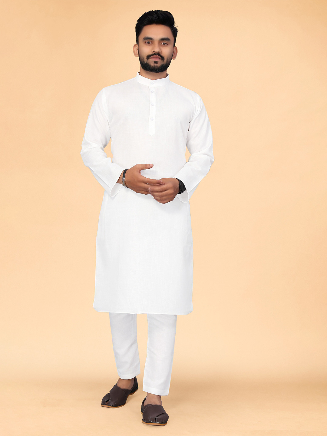 

HERE&NOW Striped Mandarin Collar Cotton Kurta, White