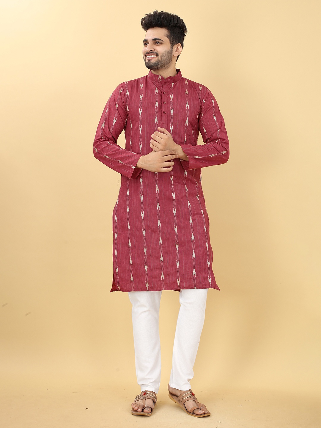 

HERE&NOW Red Striped Printed Mandarin Collar Flared Cotton Silk Kurta
