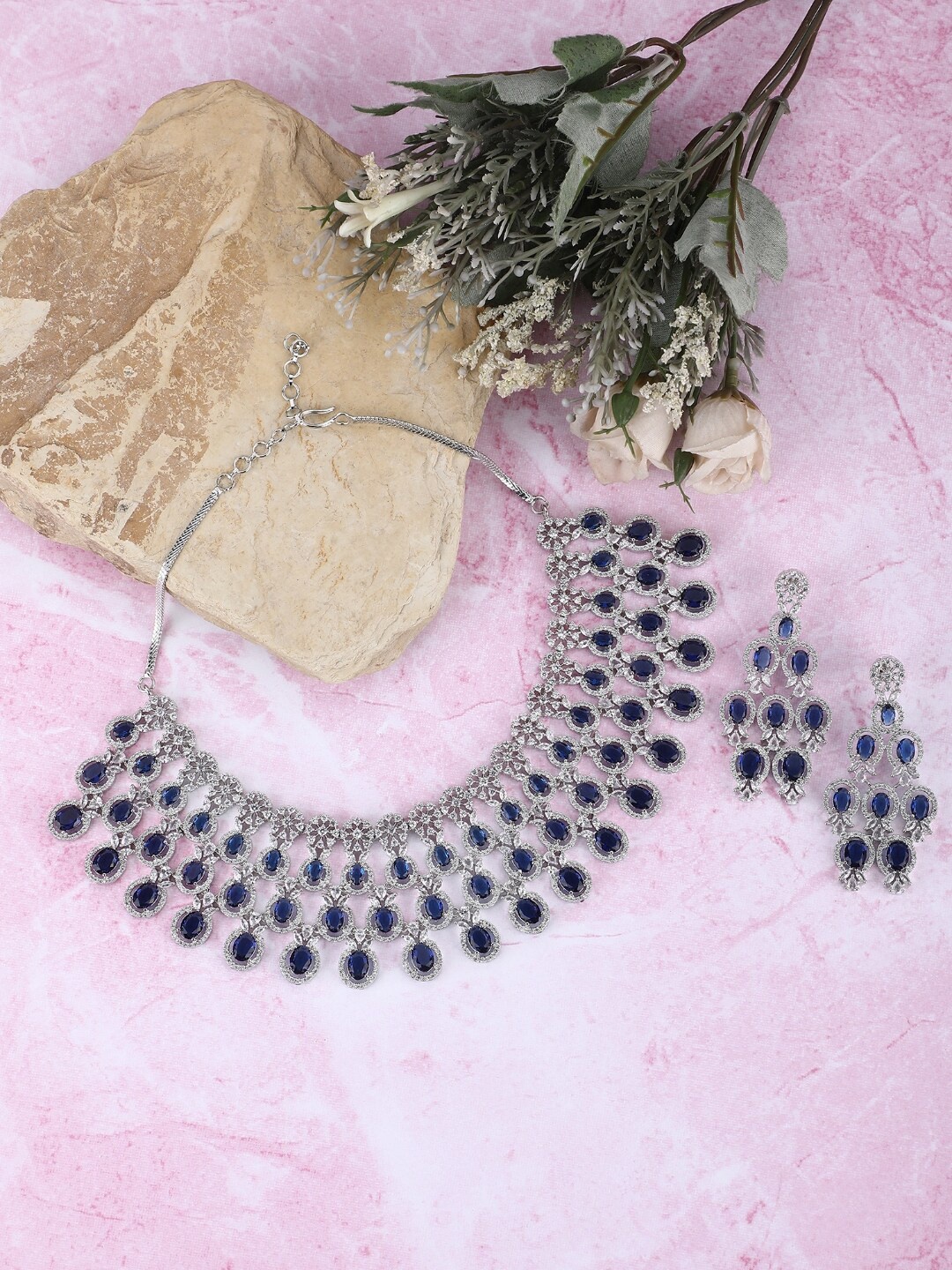 

House of Pataudi Rhodium-Plated AD-Studded Jewellery Set, Silver