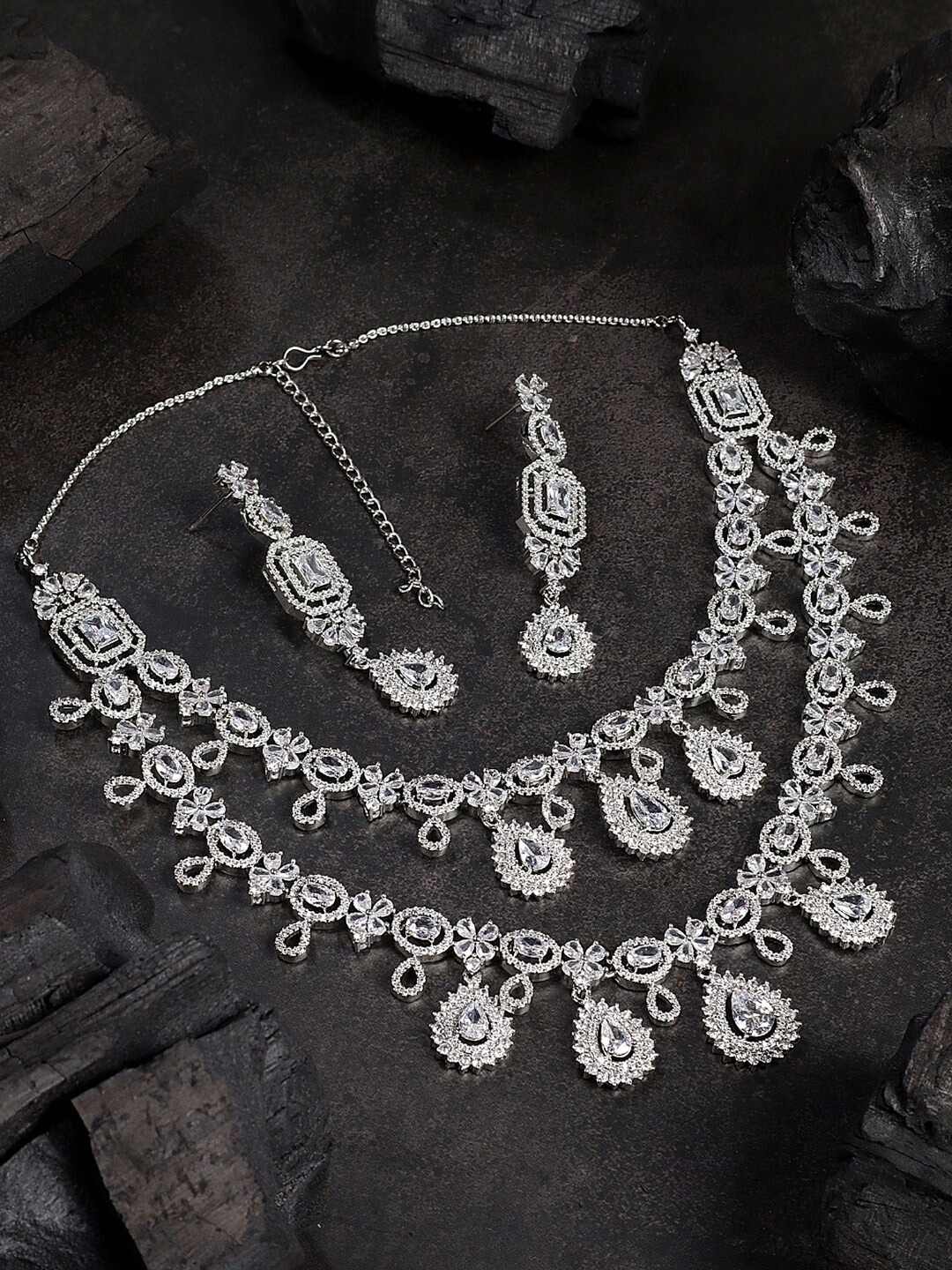 

House of Pataudi Rhodium-Plated AD-Studded Jewellery Set, White