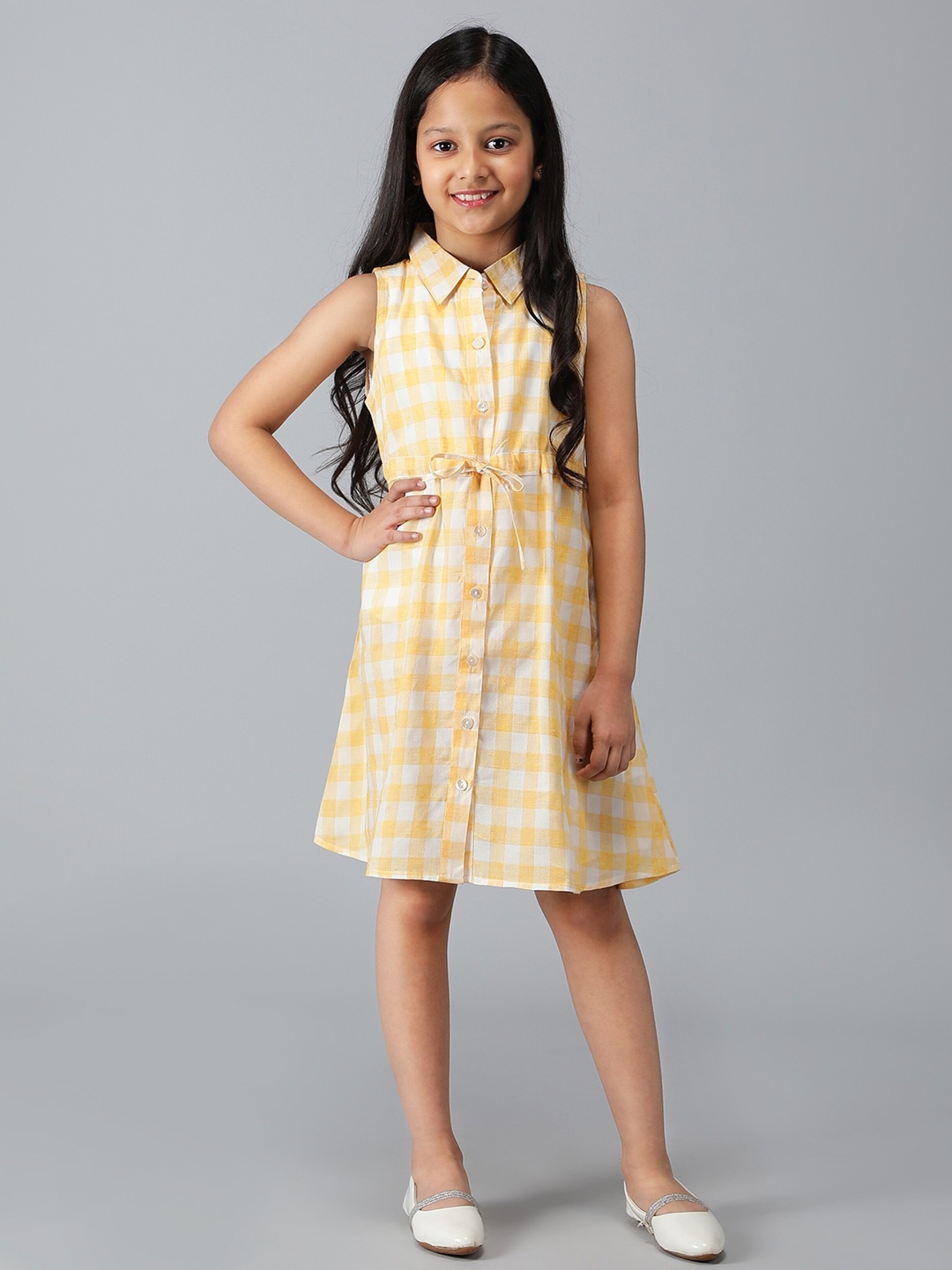 

BAESD Girls Checked Shirt Collar Opaque Shirt Dress, Yellow