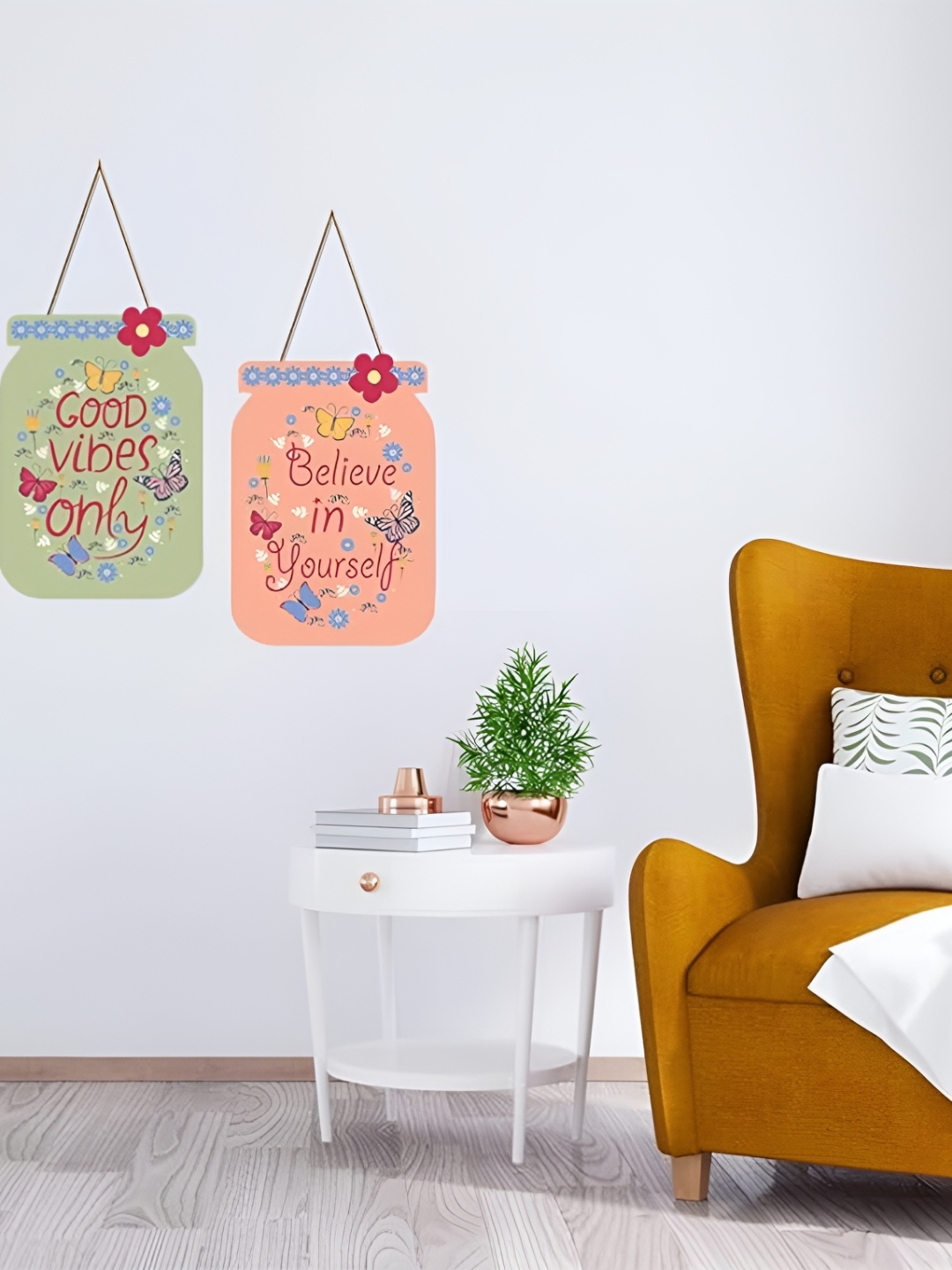 Kaameri Bazaar 2 Pieces Green & Peach Wooden Good Vibes Quote Wall Hanging