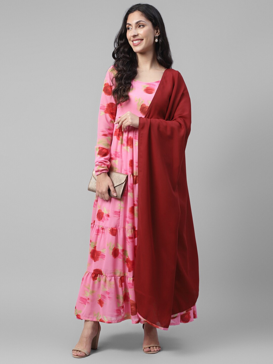 

DEEBACO Geogette Round Neck Fit & Flare Ethnic Dress With Dupatta, Pink