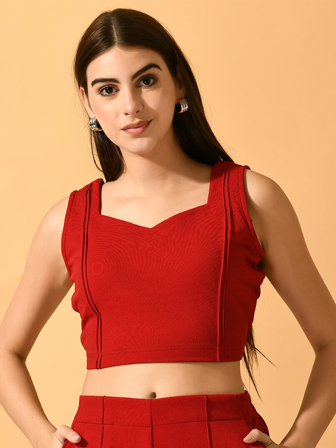 

Myshka Self Design Sweetheart Neck Sleeveless Saree Blouse, Red