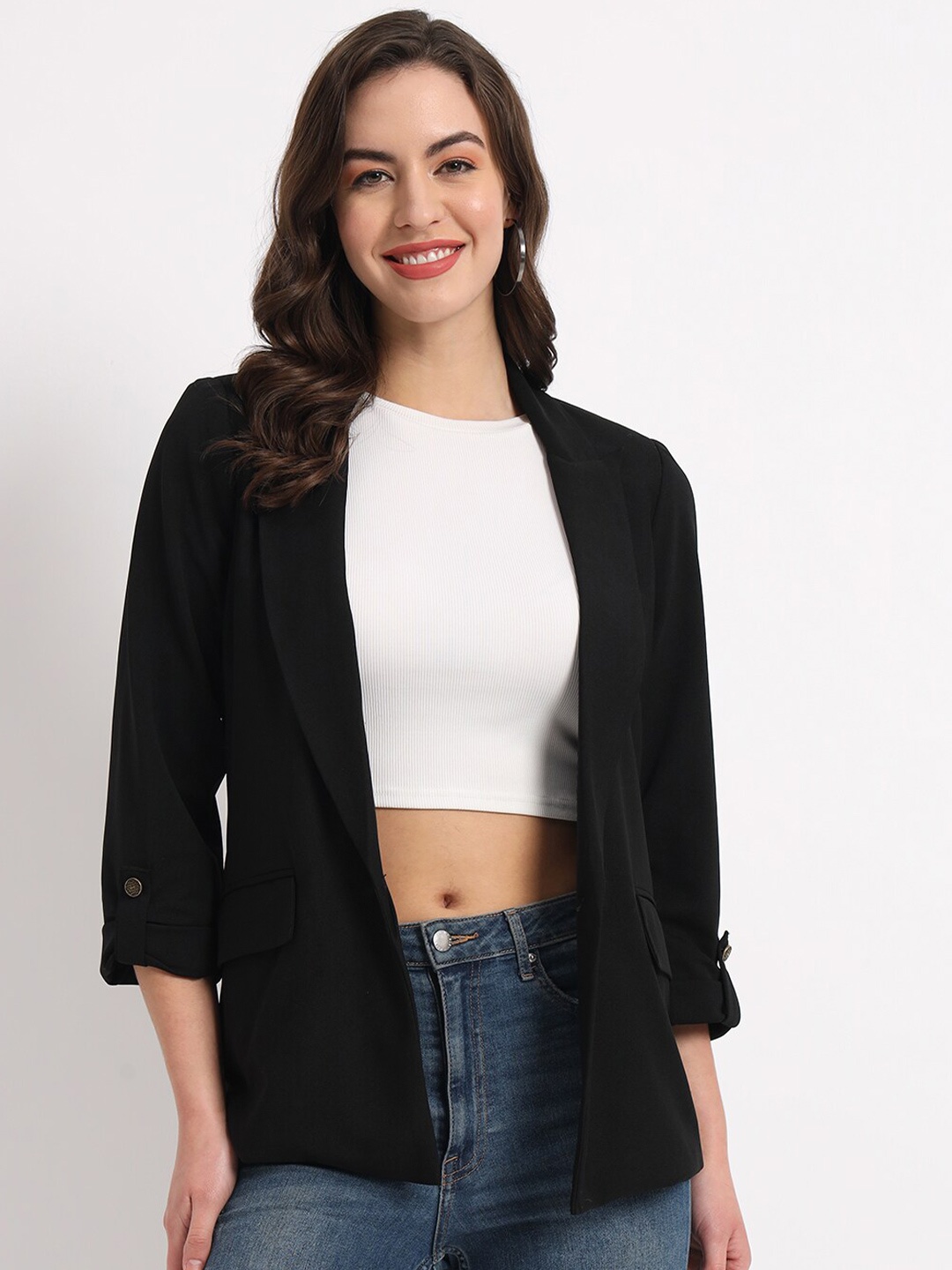 

Zastraa Black Single-Breasted Peaked Lapel Collar Casual Blazer