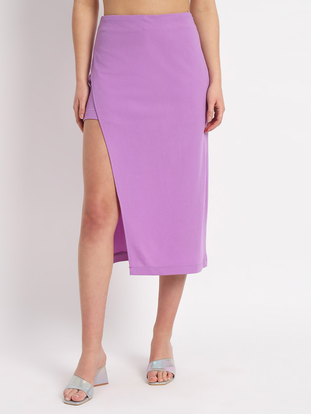 

Zastraa Solid Side Slit Straight Midi Skirt With Attached Inner Shorts, Lavender