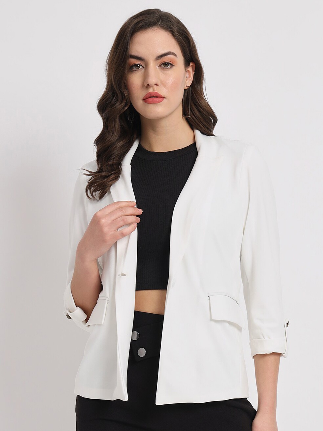 

Zastraa Off White Single-Breasted Peaked Lapel Collar Casual Blazer