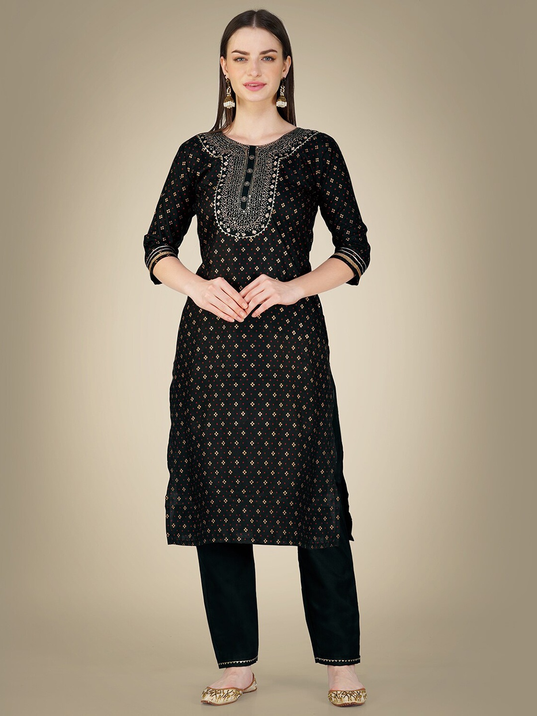 

BAPS Ethnic Motifs Embroidered Regular Pure Cotton Straight Kurta With Trouser & Dupatta, Black