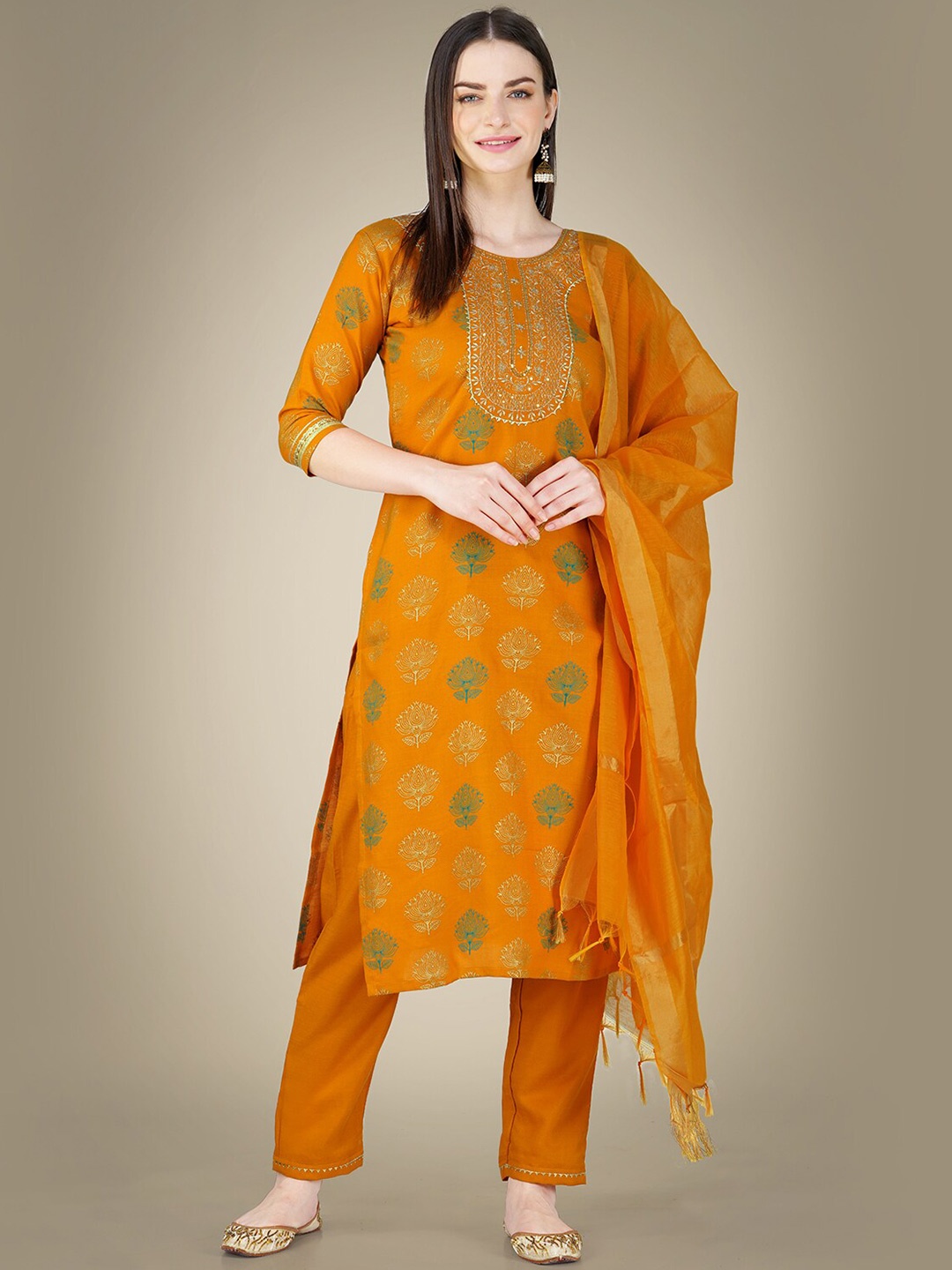 

BAPS Woven Design Embroidered Regular Pure Cotton Straight Kurta With Trouser & Dupatta, Yellow