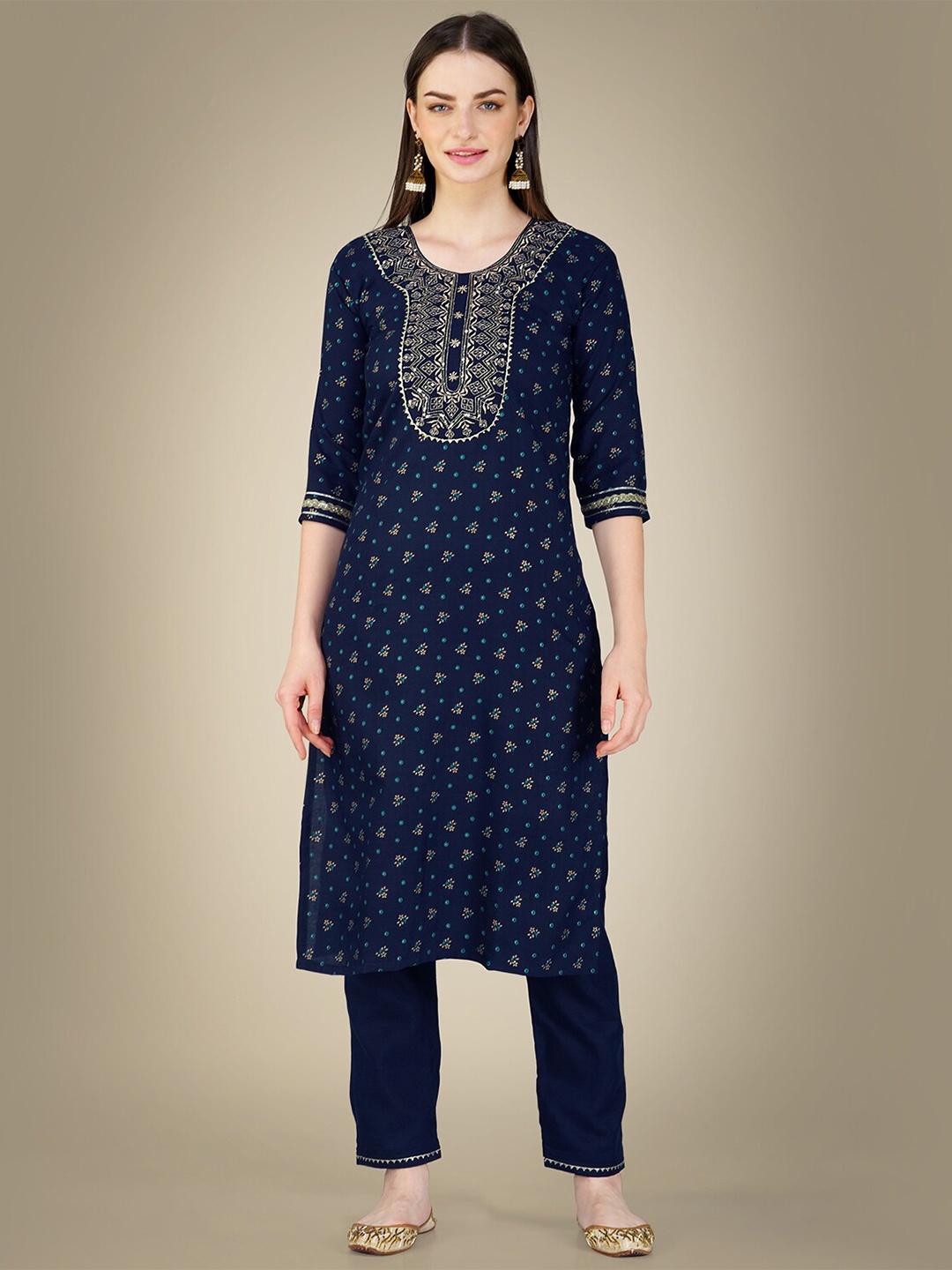 

BAPS Ethnic Motifs Embroidered Regular Pure Cotton Straight Kurta With Trouser & Dupatta, Navy blue