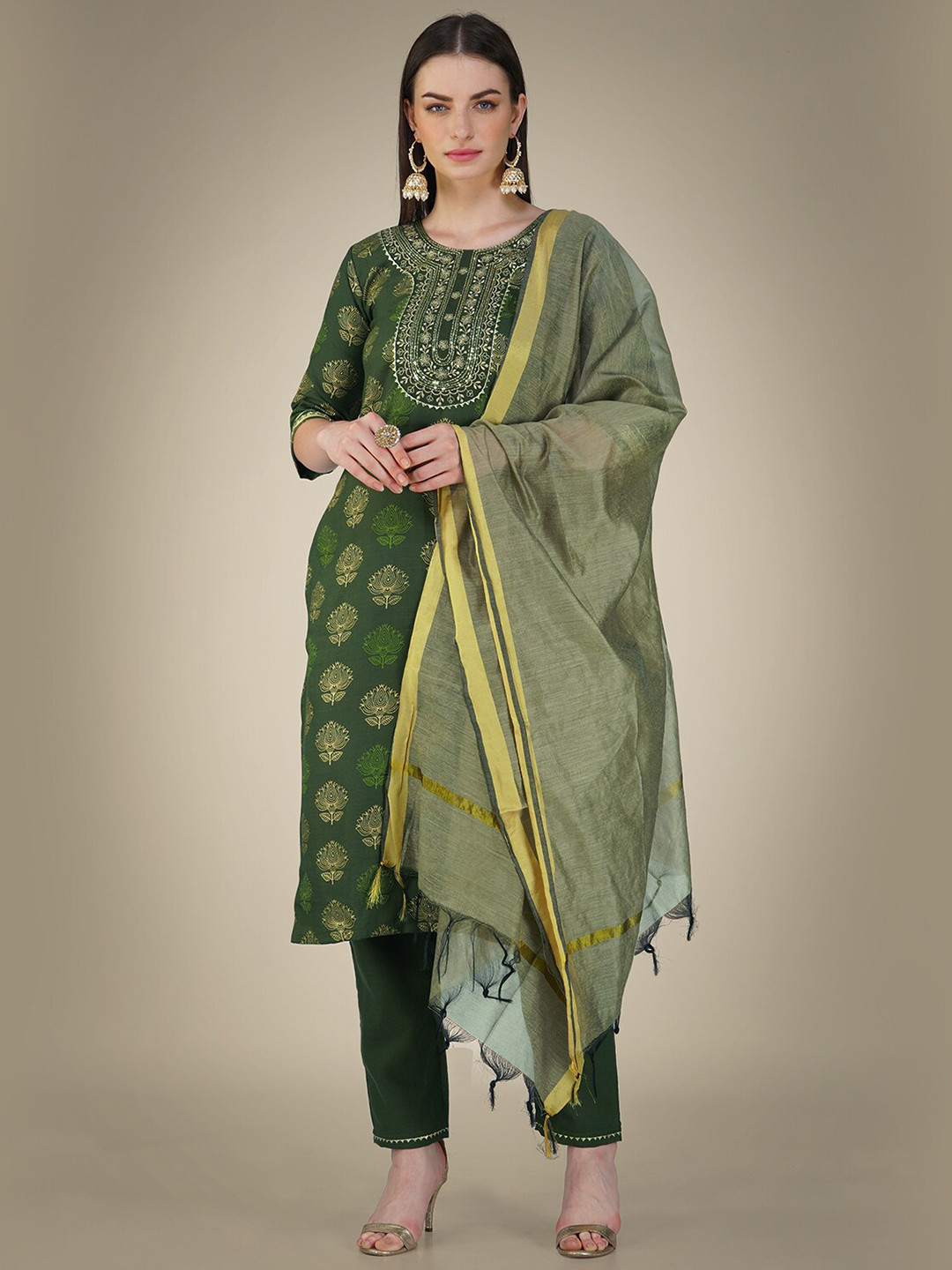

BAPS Floral Embroidered Regular Pure Cotton Straight Kurta With Trouser & Dupatta, Green