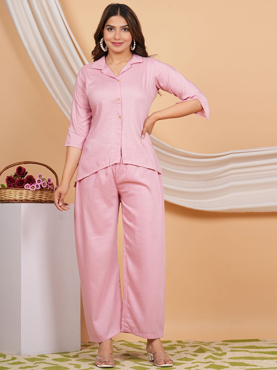 

ZOYOTO Striped Three-Quarter Sleeves Shirt With Trouser, Pink