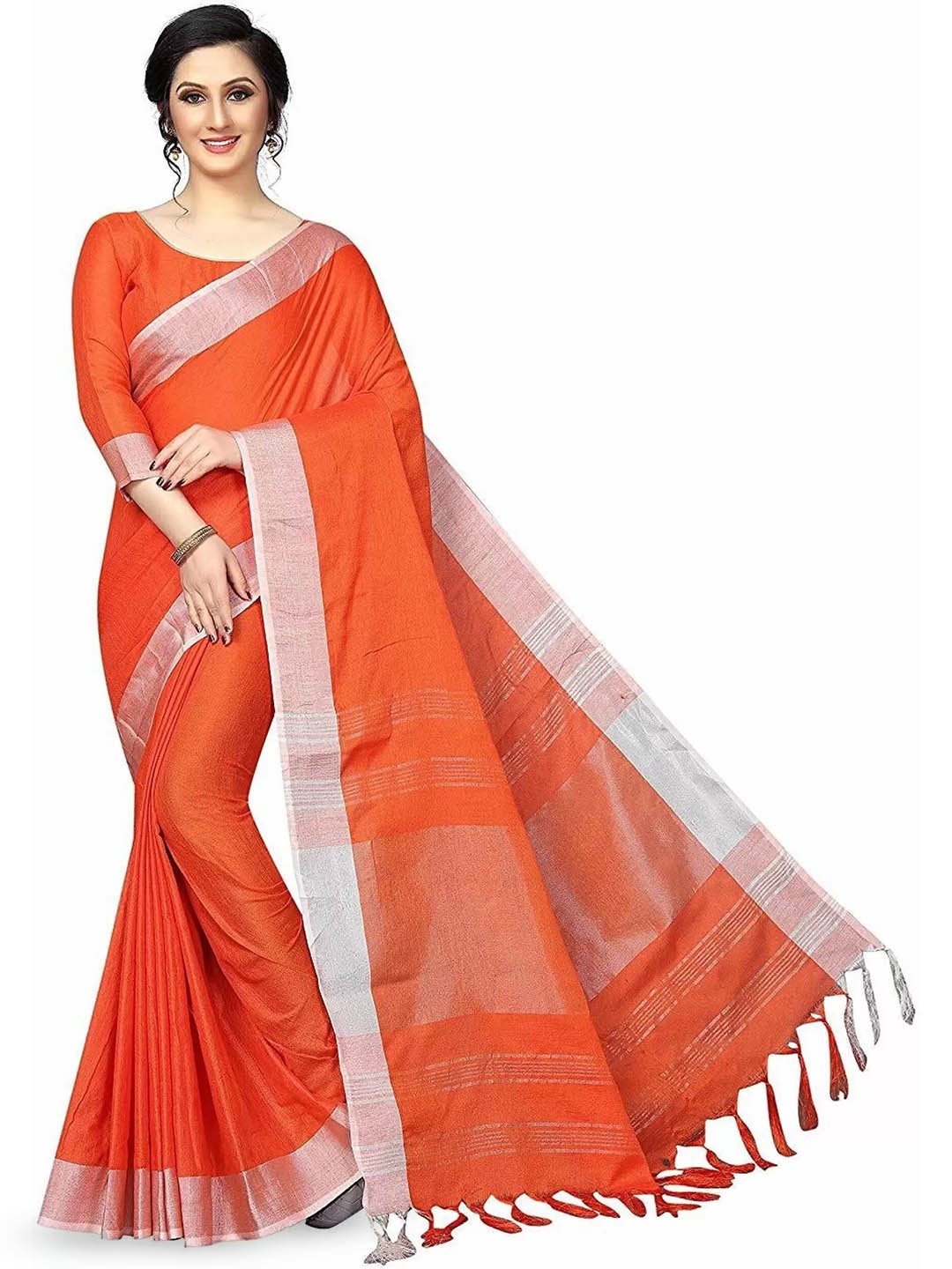 

RadadiyaTRD Zari Ethnic Linen Blend Saree, Orange