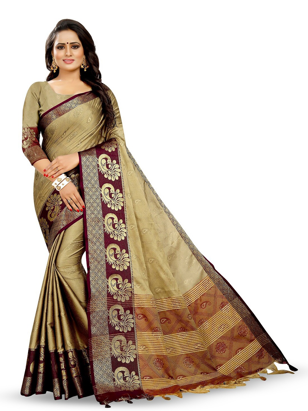 

RadadiyaTRD Ethnic Motifs Woven Design Zari Silk Cotton Banarasi Saree, Maroon