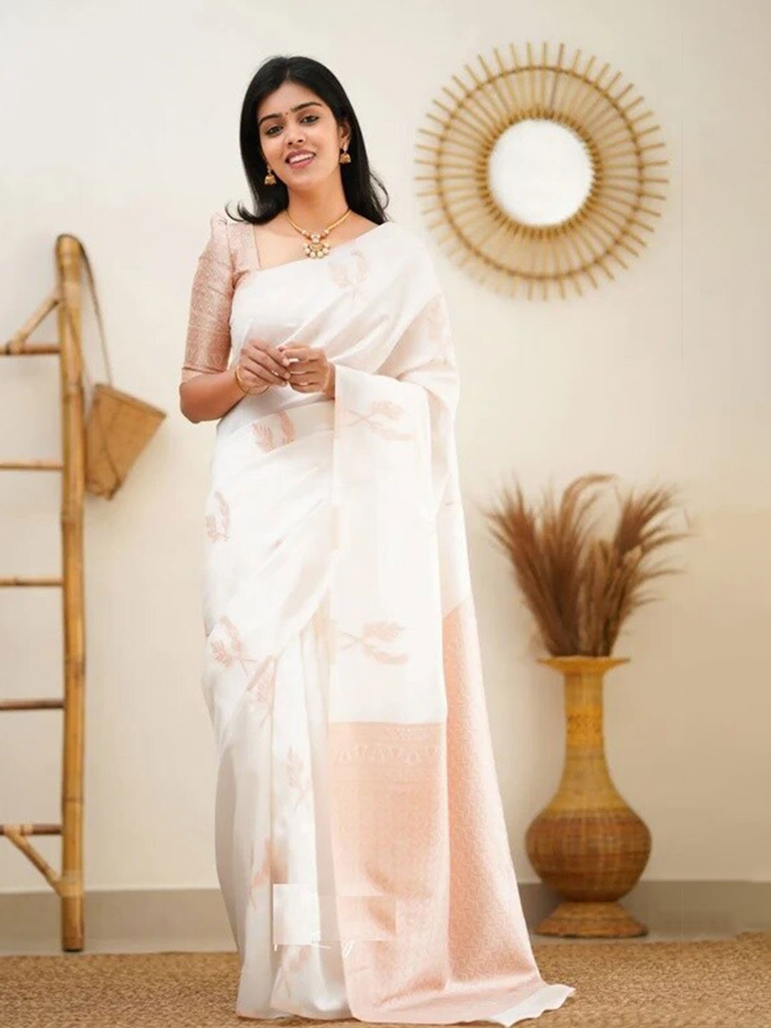 

RadadiyaTRD Woven Design Zari Silk Cotton Banarasi Saree, White