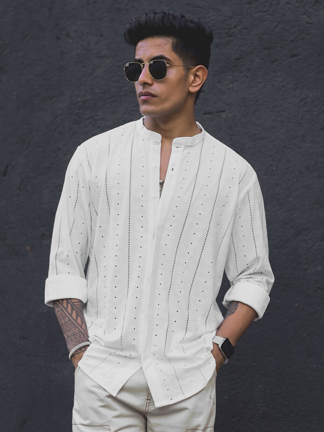 

Powerlook Mandarin Collar Semi Sheer Cotton Printed Casual Shirt, White