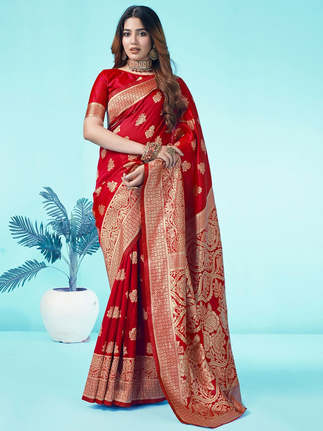 

KALINI Ethnic Woven Design Zari Art Silk Banarasi Saree, Red