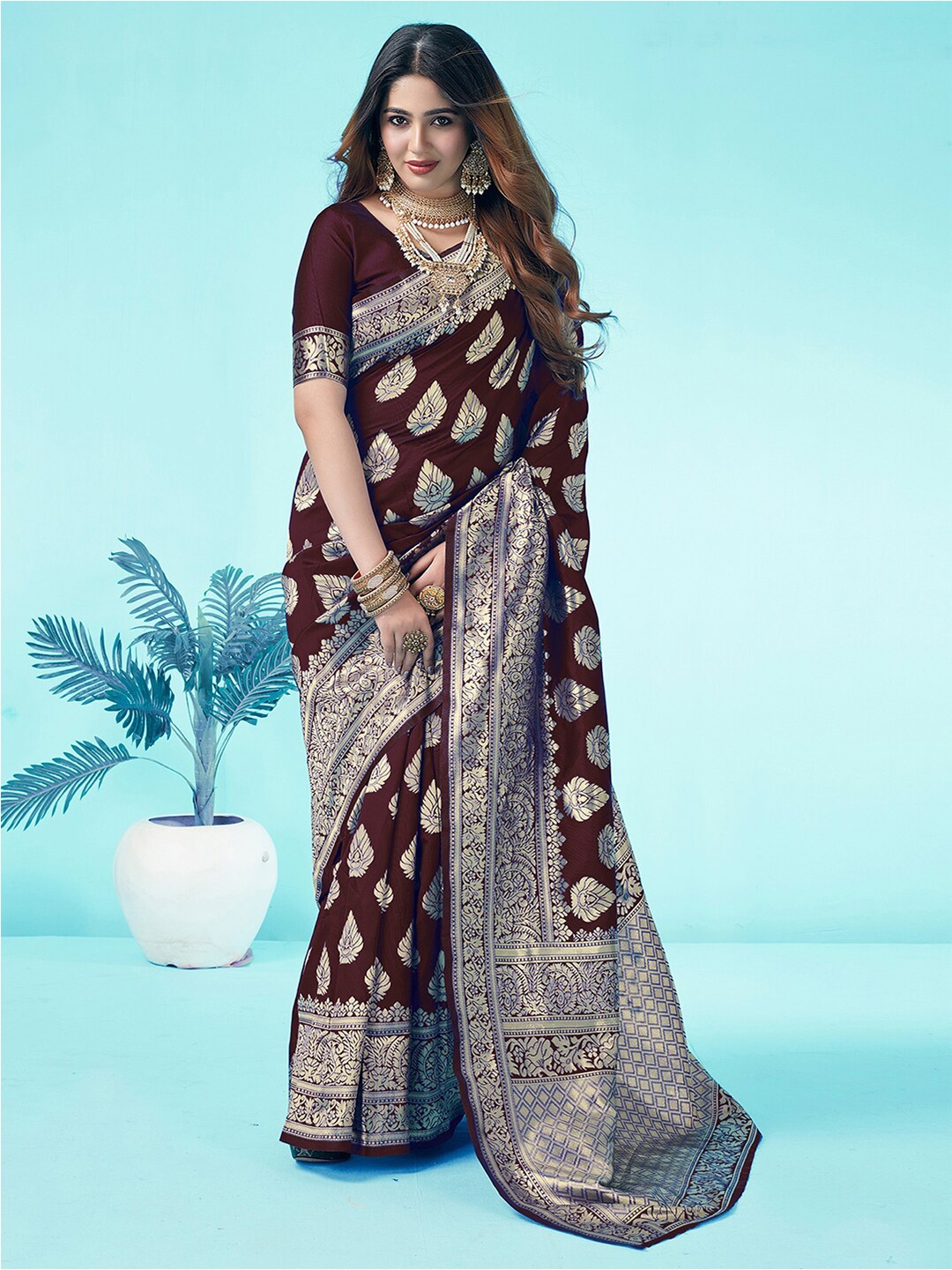 

KALINI Ethnic Woven Design Zari Art Silk Banarasi Saree, Brown