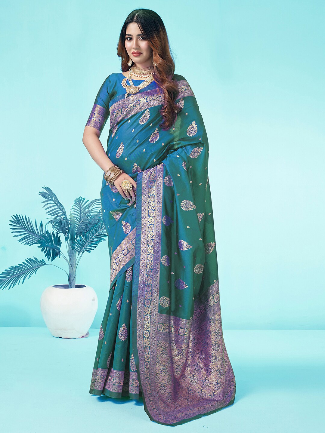 

KALINI Ethnic Woven Design Zari Art Silk Banarasi Saree, Blue