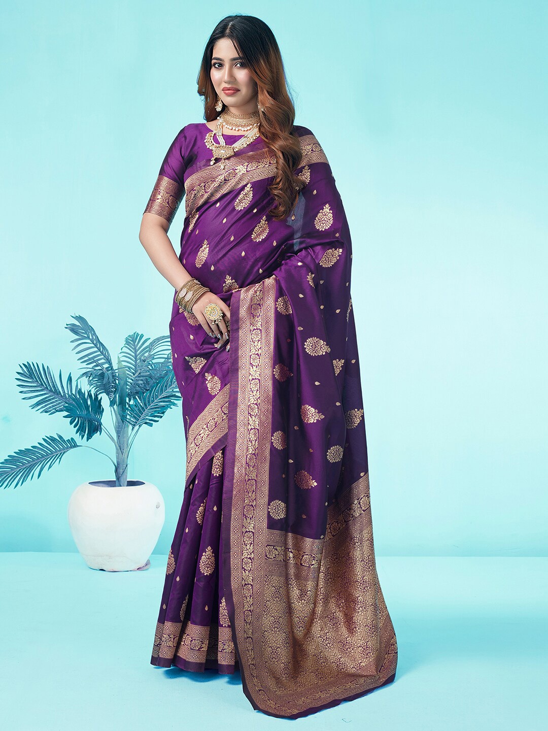 

KALINI Ethnic Woven Design Zari Art Silk Banarasi Saree, Purple