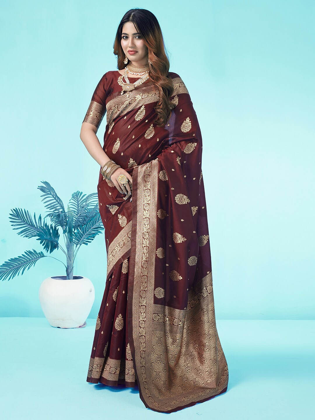 

KALINI Ethnic Woven Design Zari Art Silk Banarasi Saree, Brown