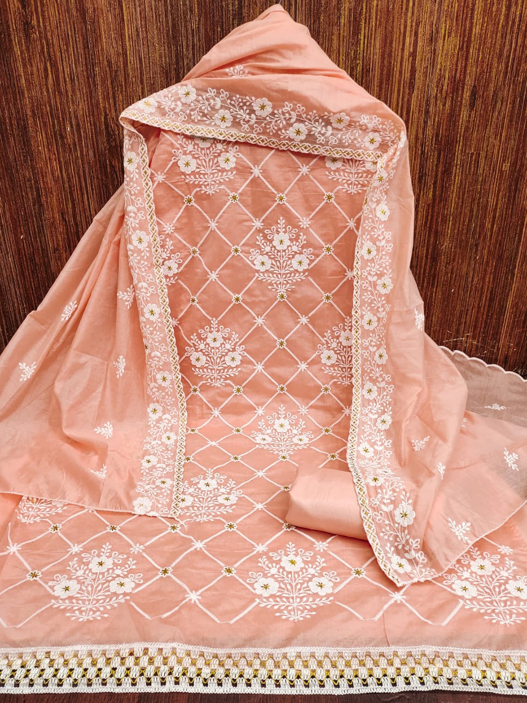 

ZEEPKART Floral Embroidered Unstitched Dress Material, Orange