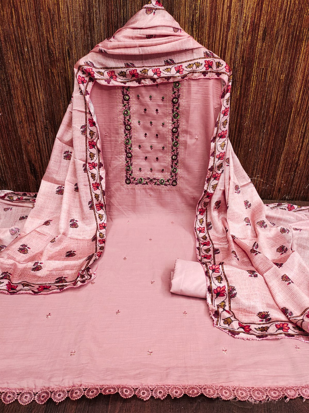 

ZEEPKART Floral Embroidered Unstitched Dress Material, Pink