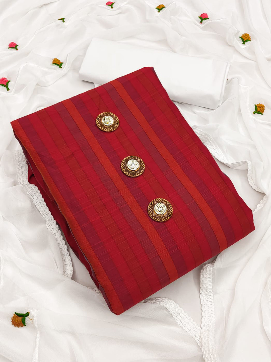 

ZEEPKART Striped Unstitched Dress Material, Red
