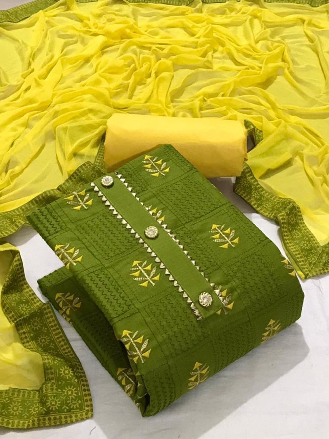 

ZEEPKART Floral Woven Design Unstitched Dress Material, Green
