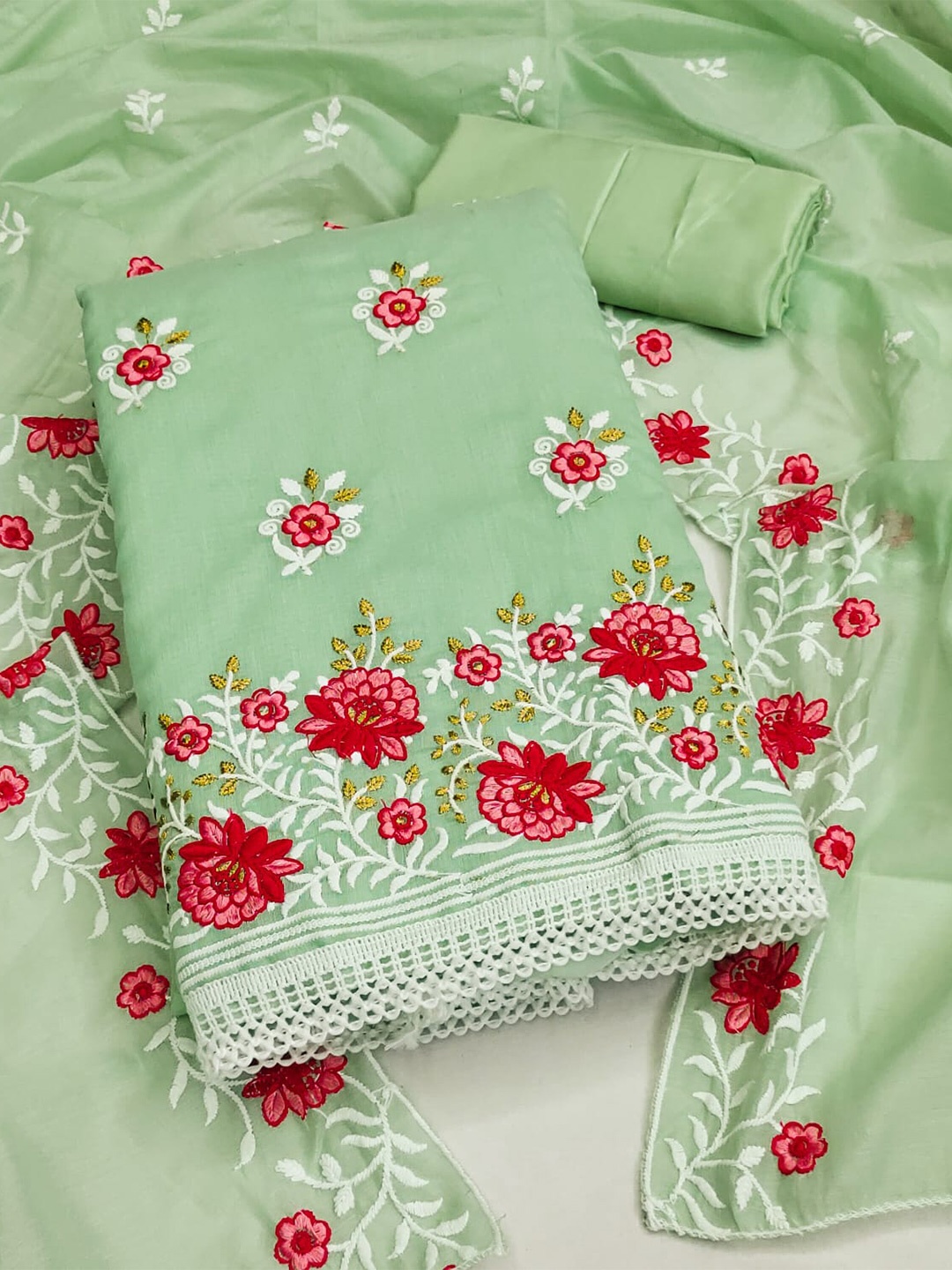 

ZEEPKART Floral Embroidered Unstitched Dress Material, Green