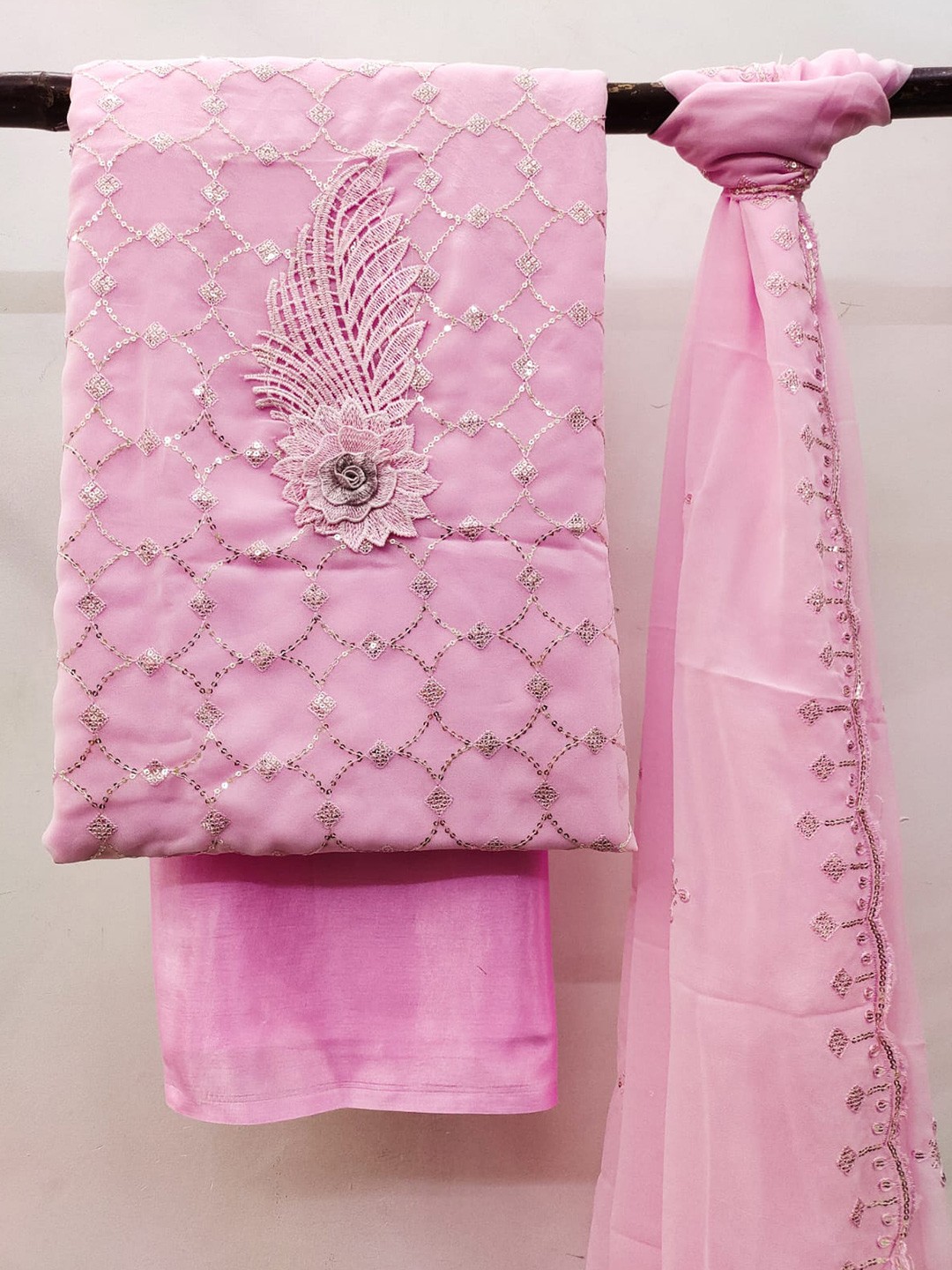 

ZEEPKART Sequined Embellished Unstitched Dress Material, Pink