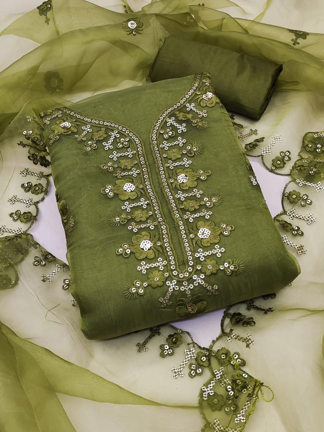 

ZEEPKART Embroidered Organza Unstitched Dress Material, Green